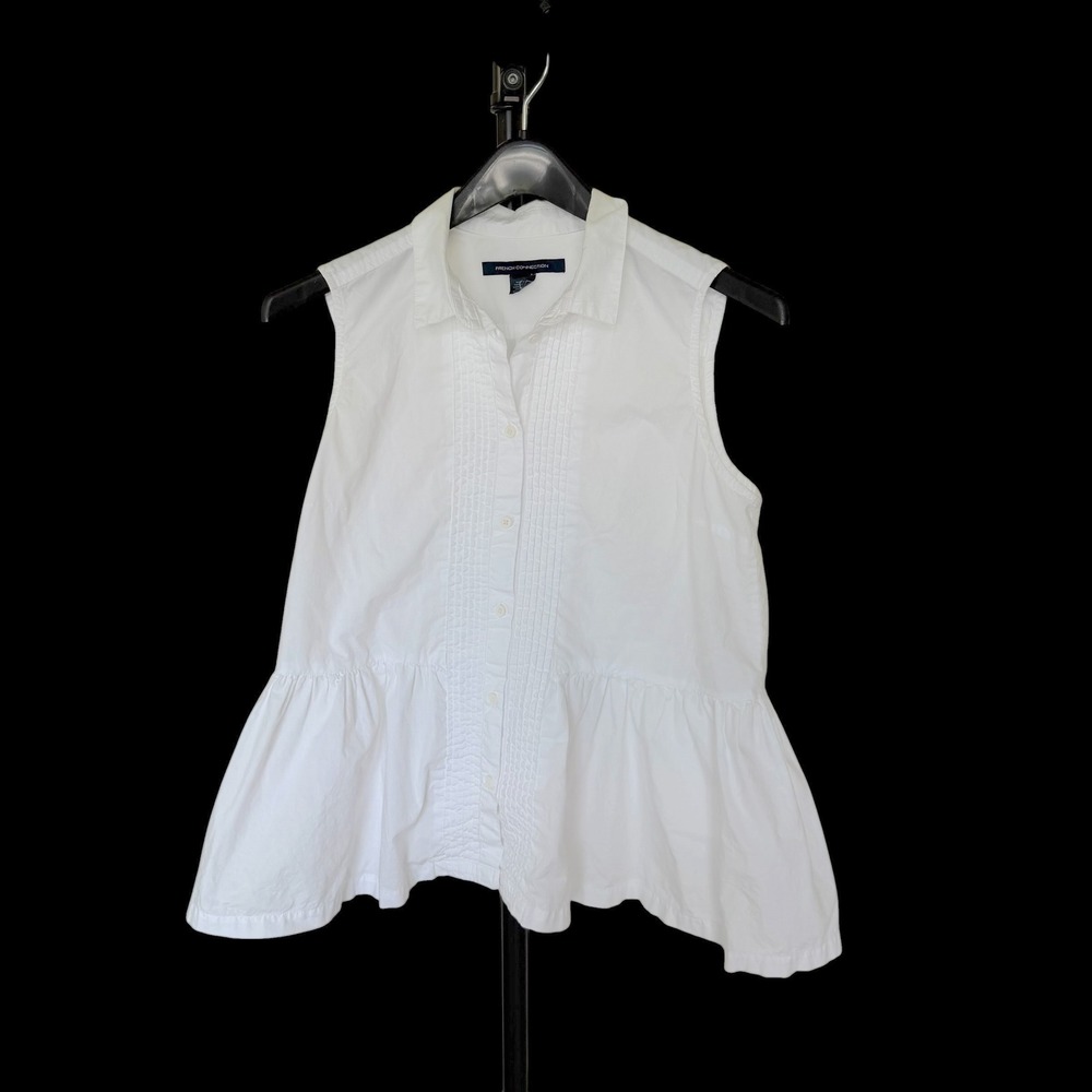 Y2K French Connection Babydoll Sleeveless Pleated Peplum Button Down Top Sz 8